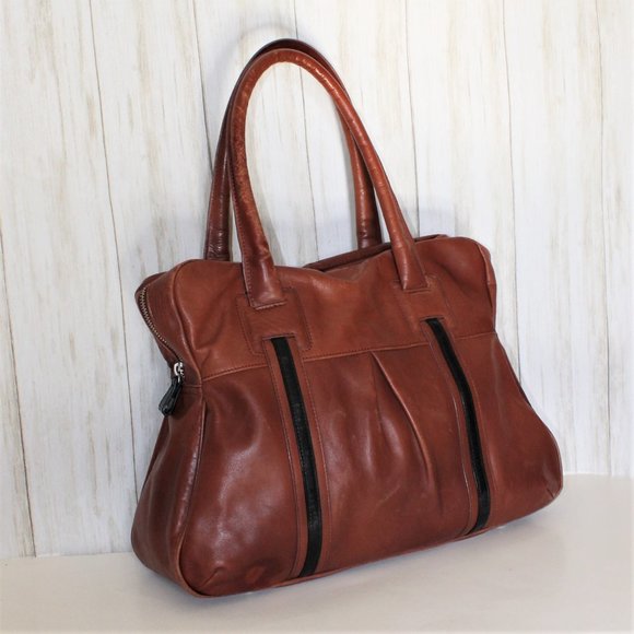 Halogen Cognac Leather Satchel Bag - Picture 2 of 10
